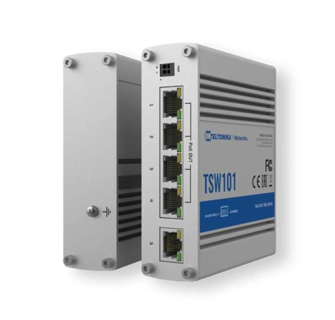 Five Port Gigabit PoE Automotive Ethernet Switch with Plug and Play Setup, rugged aluminum industrial housing, side and front view