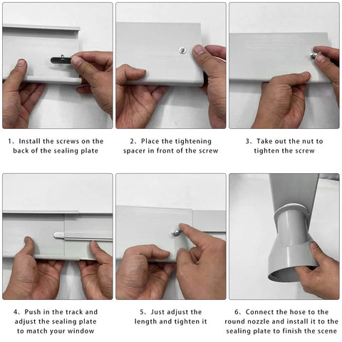 Step-by-step assembly of Portable Air Conditioner Window Vent Kit With Adjustable Seal Plates, includes hose connection