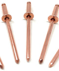 Copper Pop Rivets 1 Eighth Inch Diameter Dome Head Blind Rivets With Copper Mandrel, 4-4 Grip Range, 100 Pack displayed in a row