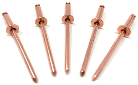 Copper Pop Rivets 1 Eighth Inch Diameter Dome Head Blind Rivets With Copper Mandrel, 4-4 Grip Range, 100 Pack displayed in a row