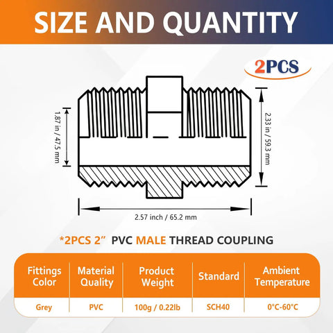 Diagram showing dimensions of 2 Pack Gray PVC Male Thread Adapters For 2 Inch Pipes, includes size, material, and weight details.