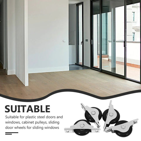 Heavy Duty Nylon Sliding Door Rollers With Precision Double Bearings For That Butter Smooth Glide And Rock Solid Durability In Glass Patio Aluminum Windows And Shower Track Systems, shown in a modern interior.