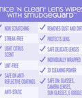 Nice 'n Clean SmudgeGuard Lens Wipes product card with features: non-scratching, streak-free, individually wrapped.