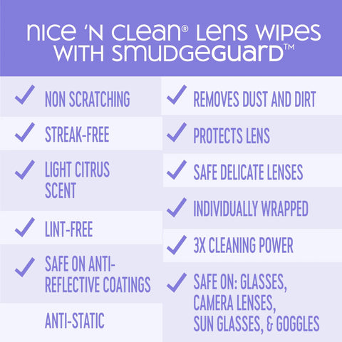 Nice 'n Clean SmudgeGuard Lens Wipes product card with features: non-scratching, streak-free, individually wrapped.