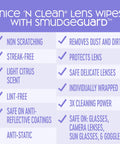 Product features of SmudgeGuard Lens Wipes Kit with non-scratching, streak-free, safe on lenses, 3X cleaning power, and more.