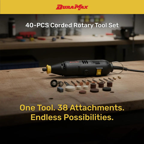 40-Piece Rotary Tool Kit With Variable Speed 8,000 To 30,000 RPM, 120V Corded on workbench with 38 accessories displayed