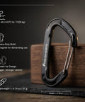 Heavy Duty 15kN Wire Gate Carabiners Pack, Aluminum Quick Draw Clips For Camping And Hiking, Hammock And Dog Leash Accessories, Durable Black Anodized Finish, Medium Size, close-up view.