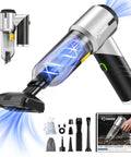 Handheld Cordless Car Vacuum 17,000 Pa Suction, 3 In 1 Mini Air Duster Blower with attachments and packaging displayed