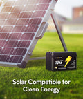 12V 10Ah LiFePO4 Battery With Built In BMS IP67 Waterproof Deep Cycle Over 5000 Cycles next to solar panel outdoors