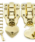 Antique Cabinet Duckbilled Toggle Hasp Latch And Heart Shaped Padlock Kit, gold finish, with screws and keys for jewelry boxes.