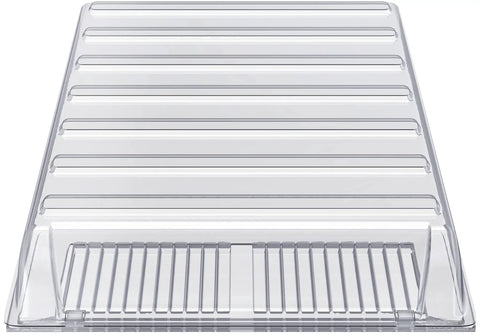 Under Furniture Air Vent Extender For Floor Registers Up To 14 Inches Wide, clear plastic, top view showing grooves and magnetic edges.
