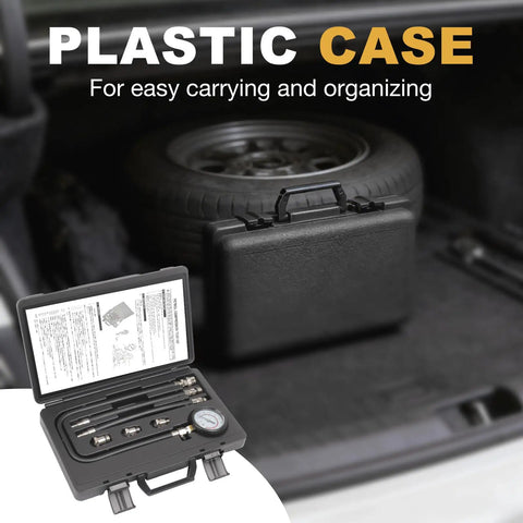 Plastic storage case for Pro Grade Deluxe Compression Test Kit For Gasoline Engines with dual scale gauge and adapters.