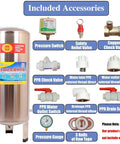 Included accessories for Heavy Duty Steel Vertical Well Water Pressure Tank With 79 Gallon Pre Charged Bladder And No Sweat Mounting Kit.