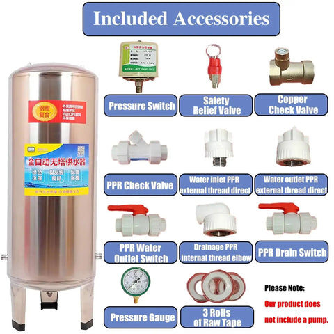 Included accessories for Heavy Duty Steel Vertical Well Water Pressure Tank With 79 Gallon Pre Charged Bladder And No Sweat Mounting Kit.