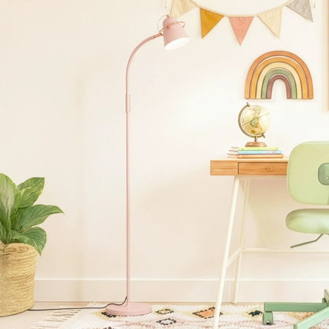 Zoey LED Floor Lamp With Built In Dimmer Flexible Stand Up Task Light For Puzzles Crafting Sewing And Reading Ultra Bright 1200 Lumen 15W LED Energy Efficient Kid Friendly For Kids Rooms Desks Nurseries And Home Offices Pastel Pink in a colorful nursery setting.