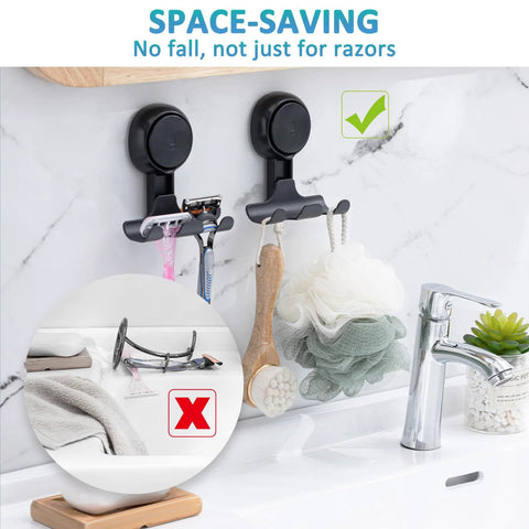 2 Pack Suction Cup Shower Razor And Bathroom Accessory Holder for Towel Loofah and Shaver Easy No Drill Mount installed on bathroom wall