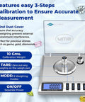 Pocket Size Digital Scale 20g Capacity With 0.001g Precision For Jewelry Gems Gold Carats And Powders On The Go Includes Calibration Weights Tweezers Tray Tare Auto Cal Six Units Silver with features highlighted.