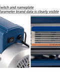 Close-up of switch and nameplate on Super Reliable 250 Watt Vacuum Pump Kit For Refrigeration And AC Work Featuring Precision Cylinder Forced Lube And Easy View Oil Window So You Never Run Dry.