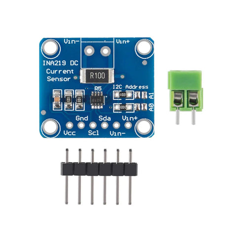 INA219 I2C Bi Directional DC Current Power Monitor Breakout Module for Arduino and Raspberry Pi, blue PCB with connectors.