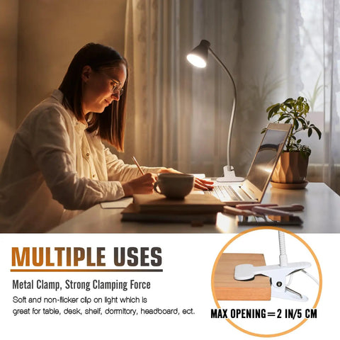 Clamp On Desk Lamp Clip On Reading Light With Adjustable Color Temperature from 3000K to 6500K in use on a desk with a laptop