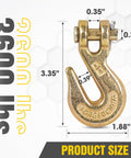 Quarter Inch Clevis Grab Hooks Four Pack Beefy Heavy Duty Chain Hooks For Grade 70 Chains Forged Alloy Steel Trailer And Truck Tie Down Gear Yellow Chromate Finish 3600 Lbs Working Load Limit shown with dimensions highlighting 3.35 x 1.88 inches size and 3600 lbs load capacity.