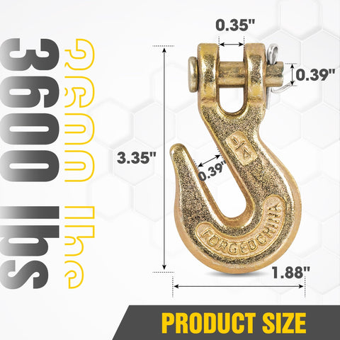 Quarter Inch Clevis Grab Hooks Four Pack Beefy Heavy Duty Chain Hooks For Grade 70 Chains Forged Alloy Steel Trailer And Truck Tie Down Gear Yellow Chromate Finish 3600 Lbs Working Load Limit shown with dimensions highlighting 3.35 x 1.88 inches size and 3600 lbs load capacity.