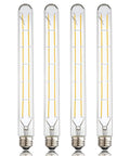 Four Retro Edison Look LED Filament Bulbs T10 Tubular 12W Dimmable Warm White 2700K 1000 Lumens E26 Base Clear Glass