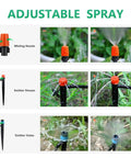 Adjustable spray options in 256Ft Drip Irrigation Kit For Backyard Garden Greenhouse That Keeps Your Lawn Lush With 210Ft 1/4 Inch Tubing 46Ft 1/2 Inch Hose Barbed Tees Drip Emitter Streams And Vortex Emitters Easy Auto Watering System For Plants And Yards