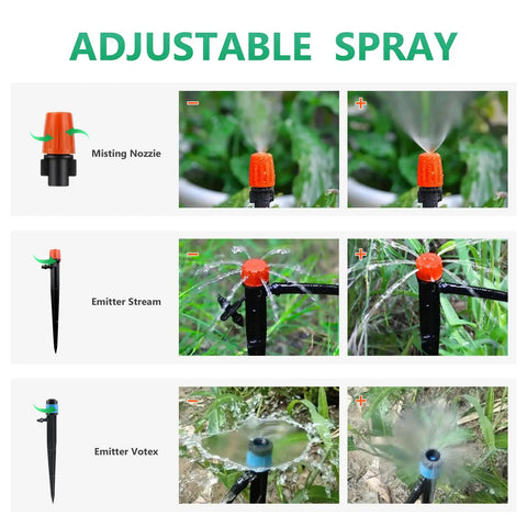 Adjustable spray options in 256Ft Drip Irrigation Kit For Backyard Garden Greenhouse That Keeps Your Lawn Lush With 210Ft 1/4 Inch Tubing 46Ft 1/2 Inch Hose Barbed Tees Drip Emitter Streams And Vortex Emitters Easy Auto Watering System For Plants And Yards