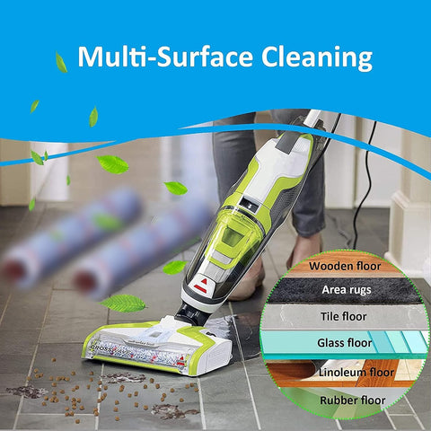 Bissell CrossWave vacuum replacement parts: 2-pack brush rolls and 2-pack filters, green/white unit on tiled floor