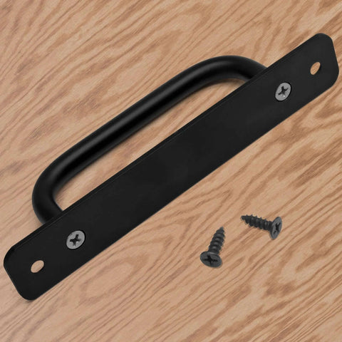 Black Barn Door Handle Set 2 Pack With 128mm Hole Center Sliding Cabinet Pulls and screws on a wooden surface