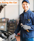 Mechanic wearing 10 Pairs Cut Resistant Gloves Level 5 Protection For Kitchen Tasks And Fish Shucking, fixing a car engine.