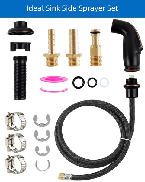 No Fuss Universal Kitchen Sink Side Sprayer Replacement Kit With Heavy Duty Hose And Secure Bracket In Slick Oil Rubbed Bronze Finish Using Standard Quarter Inch Thread And Handy Adapter Sets For Quick Swap To Almost Any Popular Faucet Model Today - components including sprayer head, hose, and fittings.