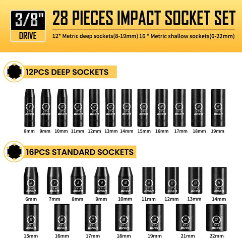 3/8 Inch Drive Impact Socket Set showing 28 pieces, including 12 deep sockets (8-19mm) and 16 standard sockets (6-22mm).