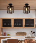 Rustic Farmhouse Flush Mount Ceiling Light With Metal Frame And Wood Grain Finish in kitchen setting