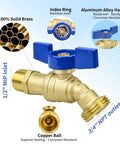 Real Deal Two Pack Brass Garden Hose Bib Featuring Quarter Turn Handle And Half By Three Quarter Inch Pipe Thread Smooth Turning Faucet Includes Teflon Tape And Premium Rubber Seals For No Sweat Installations On Your Yard Projects with blue aluminum handle.
