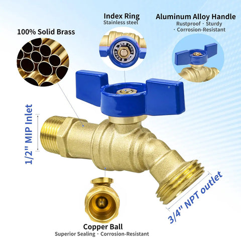 Real Deal Two Pack Brass Garden Hose Bib Featuring Quarter Turn Handle And Half By Three Quarter Inch Pipe Thread Smooth Turning Faucet Includes Teflon Tape And Premium Rubber Seals For No Sweat Installations On Your Yard Projects with blue aluminum handle.