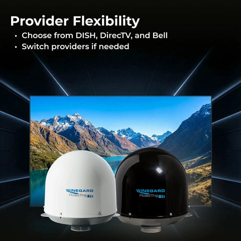 In Motion RV Satellite Antenna With Auto Multi Satellite Tracking For Road Trips Roof Mount Dome High Performance Mobile TV Antenna White and Black Models with Provider Flexibility
