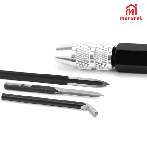 Close-up of 4 Piece Triangular Scraper Deburring Tool Set With Adjustable Trimming Blades And SC1300 Handle For Fabrication And Reaming.