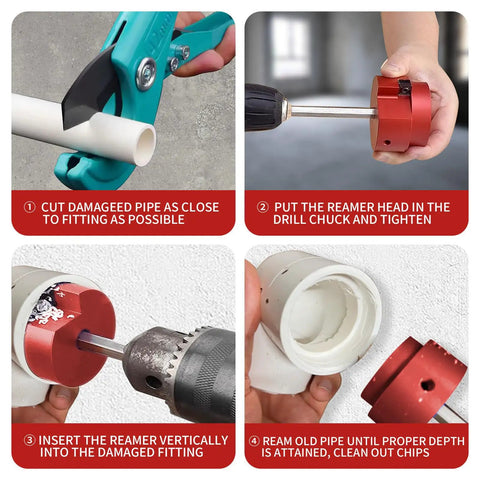 Assembly of Six Piece PVC Pipe Reamer Kit For Half Inch Drills, Durable Hard Alloy Reamer Set illustrating each usage step.