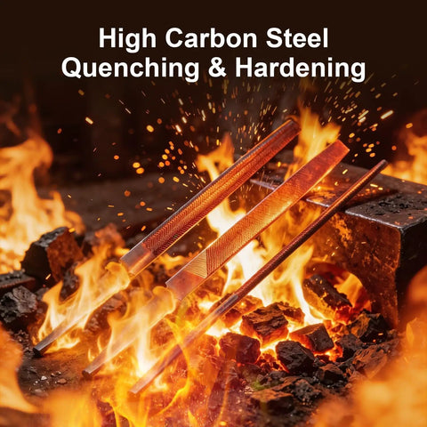 8 Inch Metal File Set 3 Piece Beast Pro Grade High Carbon Steel Hand Files being quenched and hardened in flames.