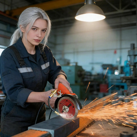 Person using metal cutting tool with Dust Collector Water Sprayer for Metal Cutting Tools, 17.7cm Attachment, in workshop.
