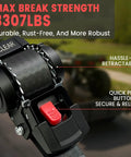 Close-up of Beefy Self Retracting Ratchet Straps 2 Inch By 13 Feet 1500 Lb Break Strength Heavy Duty Tie Downs with red button.