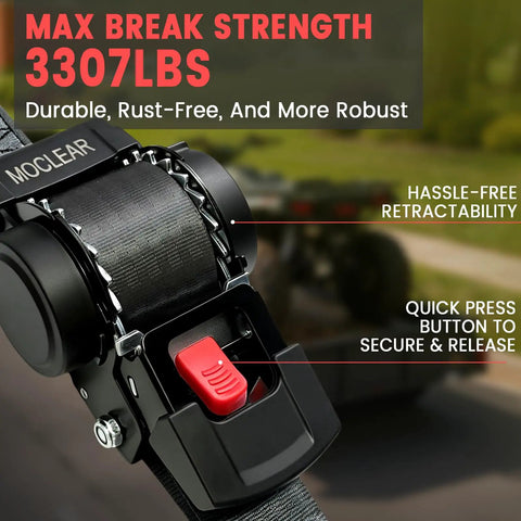 Heavy Duty Retractable Ratchet Straps 2 Inch By 13 Feet With 3307 Pound Break Strength showing red button and tension mechanism