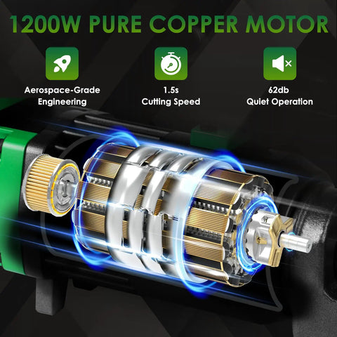Yixbizhu 1250W Electric Hydraulic Rebar Cutter Slices #3 To #6 Steel Bars In 1.5 Seconds showing 1200W pure copper motor with aerospace-grade engineering.