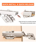 Two-Pack Precision Engineered Full Overlay Cabinet Hinges For Frameless Cabinets With Soft Close Concealed 3D Adjustable Hinges Plus Minus 3mm Left Right Heavy Duty Nickel Plated With Four Hole Mounting Plate And Screws Kimdot, showing installation process.