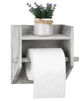 Rustic White Wood Wall Mounted Toilet Paper Holder With Storage Shelf Vintage Style Paper Roll Rack For Bathroom Or Kitchen Built In Phone Shelf And Space For Small Essentials displaying toilet roll and potted plant.