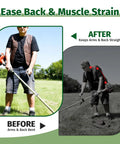 Upgraded Ergonomic Weed Eater Handle With Non Slip Grip Adjustable Shoulder Harness And Bracket Clamp Universal Back Saver Trimmer Handle Extension For Easy Lawn Care And Yard Trimming showing before and after use reducing back strain