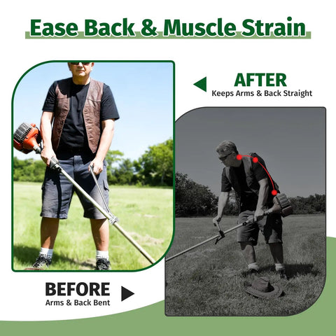 Upgraded Ergonomic Weed Eater Handle With Non Slip Grip Adjustable Shoulder Harness And Bracket Clamp Universal Back Saver Trimmer Handle Extension For Easy Lawn Care And Yard Trimming showing before and after use reducing back strain