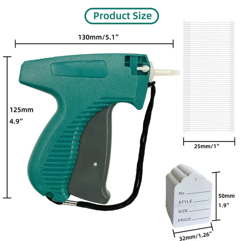 Top Shelf Clothing Tagging Gun Kit With 400 White Apparel Labels And 1600 Heavy Duty Barbs Includes Six Stainless Steel Needles For Smooth Pricing And No Sweat Retail Inventory Organization All Day, featuring detailed size dimensions.